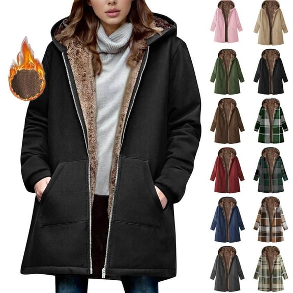Winter Long Coats for Women Plus Size Winter Warm Loose Plush Zip Hooded Jacket Coat