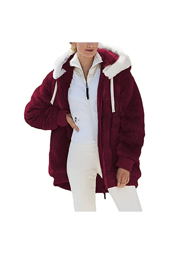 Winter Long Coats for Women, Women Plus Size Winter Warm Loose Plush Zip Hooded Jacket Coat Gifts Christmas Gift