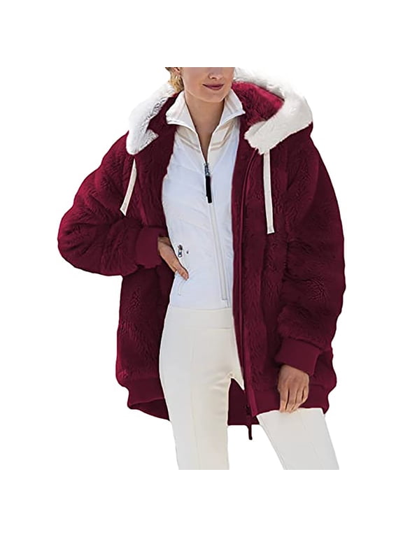 Winter Long Coats for Women, Women Plus Size Winter Warm Loose Plush Zip Hooded Jacket Coat Gifts Christmas Gift