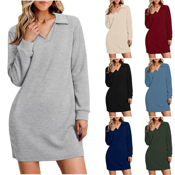 50% Off Clear! Women Plus Size Dresses Fashion Women Solid Color V-neck Long Sleeves Shut Up Sports Style Fall Dress Gray, S