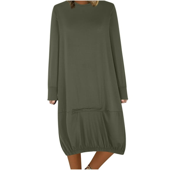 50% Off Clear! Women Plus Size Dresses Women's Casual Solid Color Long Sleeved Round Neck Dress Green, 4XL