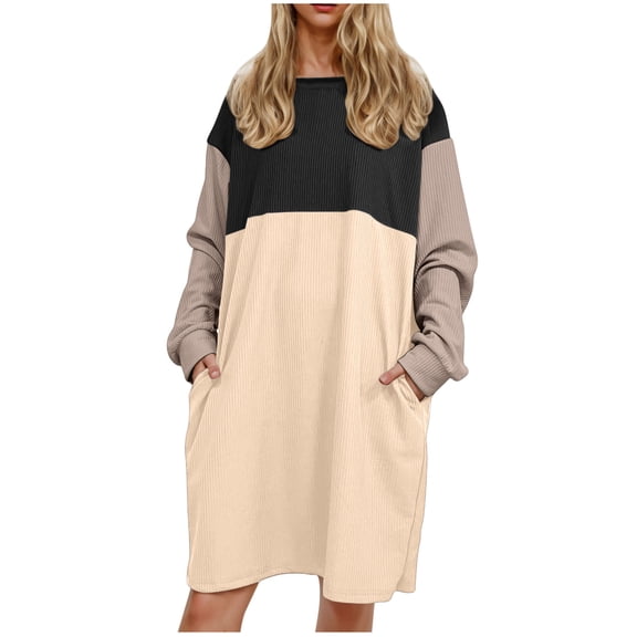 50% Off Clear! Women Plus Size Dresses Women's Solid Color Long Sleeve Neck Slim Slit Dress Long Sleeve Round-Neck Dress Beige, L