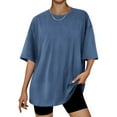 thumbnail image 1 of Women's Casual Letter Printed T-Shirt With Round Neck And Shoulder Drop Short Sleeved Top Navy M, 1 of 5