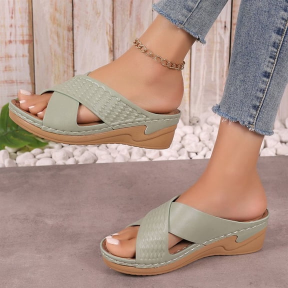 50% Off Clear! Women's Fashion Casual Leisure Summer New Style Solid Color Hollow Strap Thick Bottom Sandals Lightweight Beach Sandals Wedge Heels