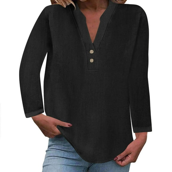 50% Off Clear! Womens Loose Blouse Long Sleeve Shirts Tops Fashion Solid Button Shirt Female V-Neck Loose T-shirt Blouse Black L