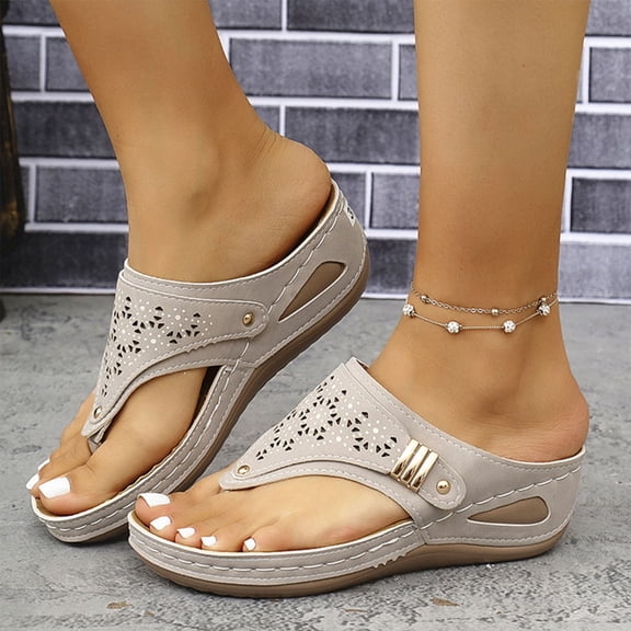 Womens Sandals Women's Fashion Casual Spring And Summer New Solid Thong Wedge Heel Flip Flops