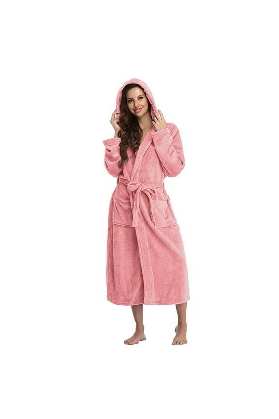 50% Off Clear! Womens Winter Robes Bathrobe Hooded Soft Plus Size Long Robes Casual Fluffy Robe Warm Towel Robe With Pockets
