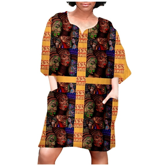 50% Off Clear! asdoklhq Womens Plus Size Clearance Dresses,Women African Vintage Print Middle Sleeve V Neck Casual Mini Dress