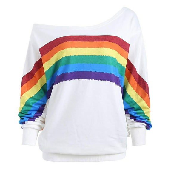 50% Off Clear! asdoklhq Womens Plus Size Clearance Tops,Women's Casual Loose Long Sleeve Rainbow Print Pullover Blouse Shirts Sweatshirt