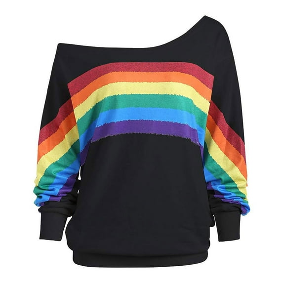 50% Off Clear! asdoklhq Womens Plus Size Tops Clearance,Women's Casual Loose Long Sleeve Rainbow Print Pullover Blouse Shirts Sweatshirt
