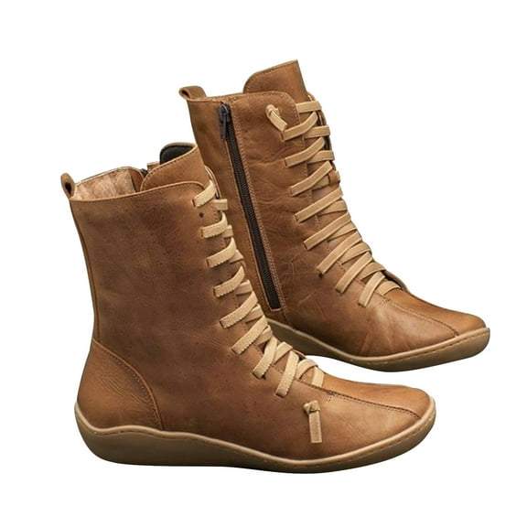 50% Off Clear! asdoklhq Womens Waterproof Work Boots,Women Mid-tube Boots Ladies Vintage Style Solid Zipper Flat Shoes Ankle Short Boots