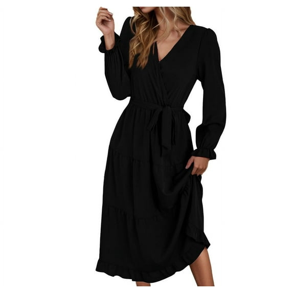 Dress for Women,Women's Fashion Turndown Collar Loose Linen Long Sleeve Tightness High Waist Dress Black Xl
