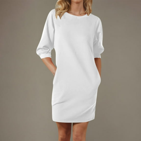 Dresses for Women,Women's Casual Round Neck Five Quarter Sleeve Pocket Solid Color Dress White Xl