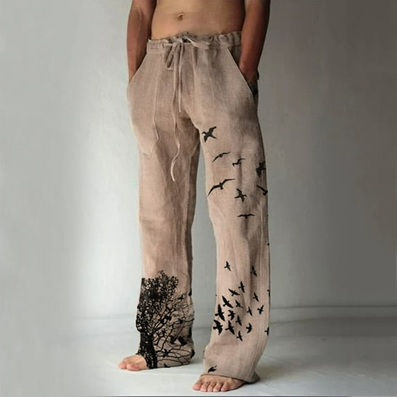 50% Off Lenago Men's Bird Print Cotton Linen Pants Casual Yoga Pants Gift for Women