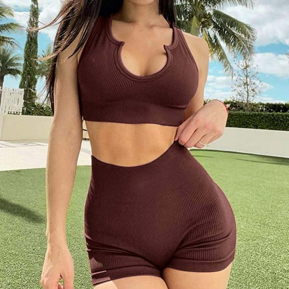 50% Off Lenago Women Sleeveless Seamless Ribbed Crop Tank High Waist Shorts Yoga Outfits Sets Gift for Women