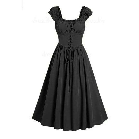 Women'S Clothing,Women'S Plus Size Lace Up Gothic Short Sleeve Shaping with Straps Long Dress,Black,M