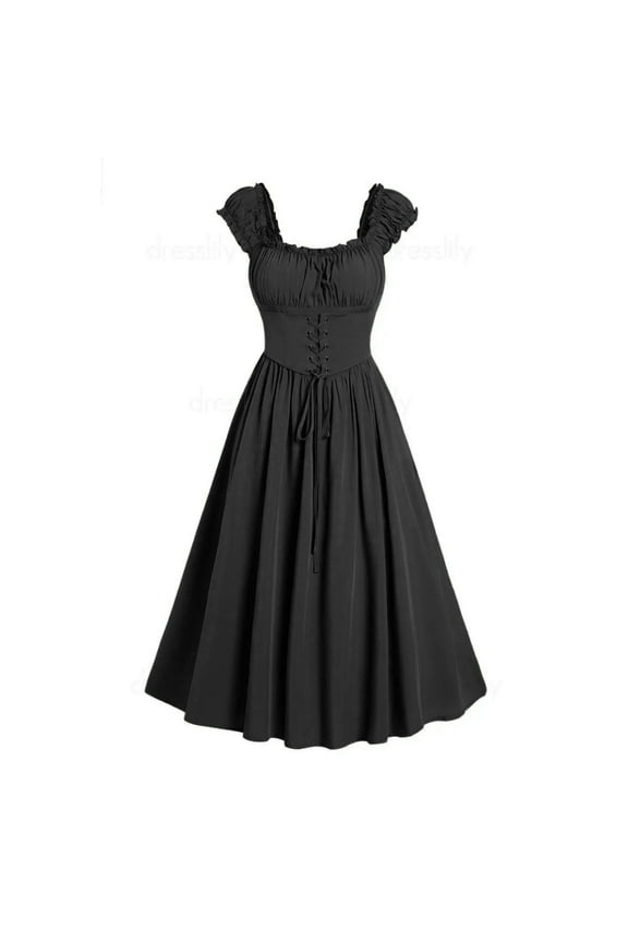Women'S Clothing,Women'S Plus Size Lace Up Gothic Short Sleeve Shaping with Straps Long Dress,Black,M