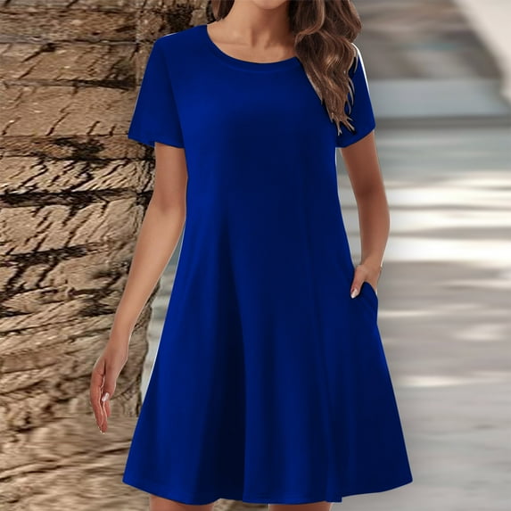 Women'S Clothing,Women'S Summer Solid Color Double Pocket Short Sleeve Round Neck T-Shirt Dress,Dark Blue,3Xl