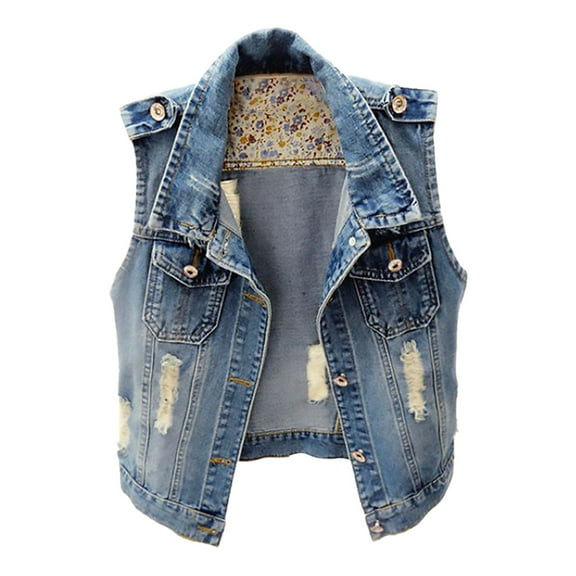 50% Off Clearance Women's Denim Jackets Womens Denim Jean Vest Classic Junior Button Up Cropped Distressed Sleeveless Jean Jacket
