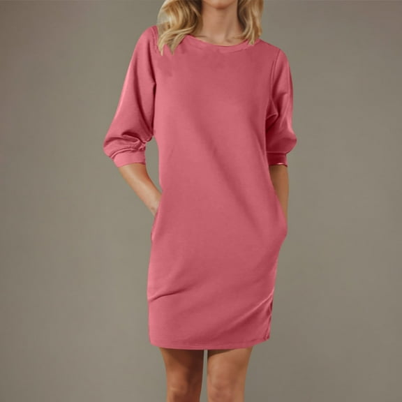 Women's Dresses,Women's Casual Round Neck Five Quarter Sleeve Pocket Solid Color Dress Pink M