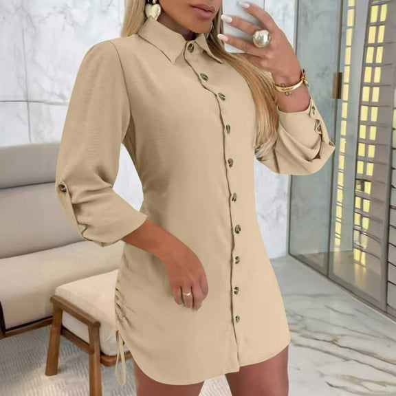 Women's Dresses,Women's Long Sleeved Solid Color Button Up Collar with Drawstring on Both Sides Shirt Dress Beige S