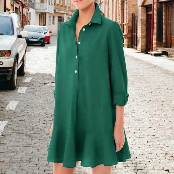 Clothing Women's Tunic Mini Shirt Dress Cotton Long Sleeve Ruffle Hem Dress Button Up Shift Chambray Dresses
