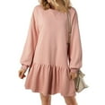 thumbnail image 1 of Clothing Womens 2024 Fall Long Sleeve Pullover Tops Crewneck Rib Knit Patchwork Sweatshirt Dress Casual Mini Dresses, 1 of 9