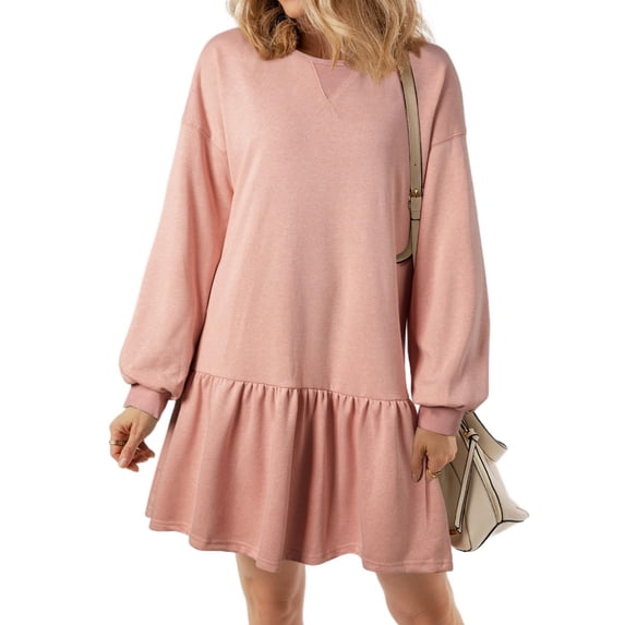 Clothing Womens 2024 Fall Long Sleeve Pullover Tops Crewneck Rib Knit Patchwork Sweatshirt Dress Casual Mini Dresses