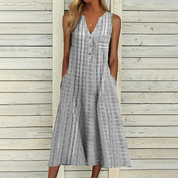 RYDCOT Casual Women Plus Size Dress,Women's Fashion Casual Sleeveless V-Neck Button Striped Print Pocket Maxi Dress/Gray 12(2Xl)