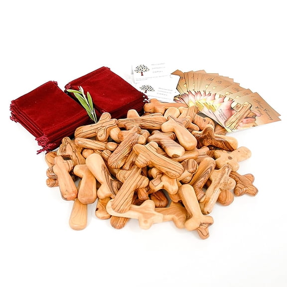 50 Olive Wood Holding Crosses comes with Velvet Bag & Certificate