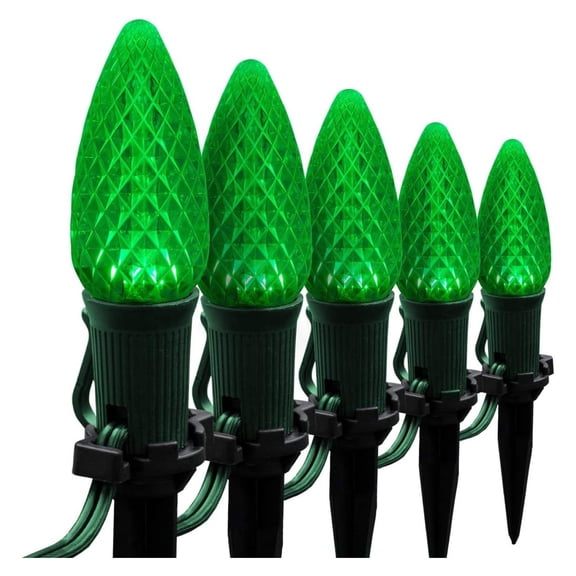 50’ OptiCore LED Green Christmas Pathway Lights, C9 Outdoor Christmas Lights, 4.5” Stakes, Green Wire Plug String Lights