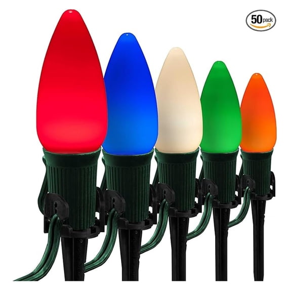 50’ OptiCore LED Multicolor Smooth/Opaque Christmas Pathway Lights, C9 Outdoor Driveway Lights, 4.5” Stakes, Green Wire Plug String Lights
