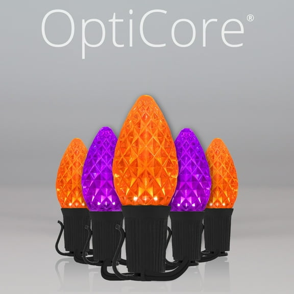 50 OptiCore LED Purple and Orange C7 String Lights with Shatterproof Bulbs for Halloween Displays Party Decoration, 50ft, Indoor Outdoor Black Wire