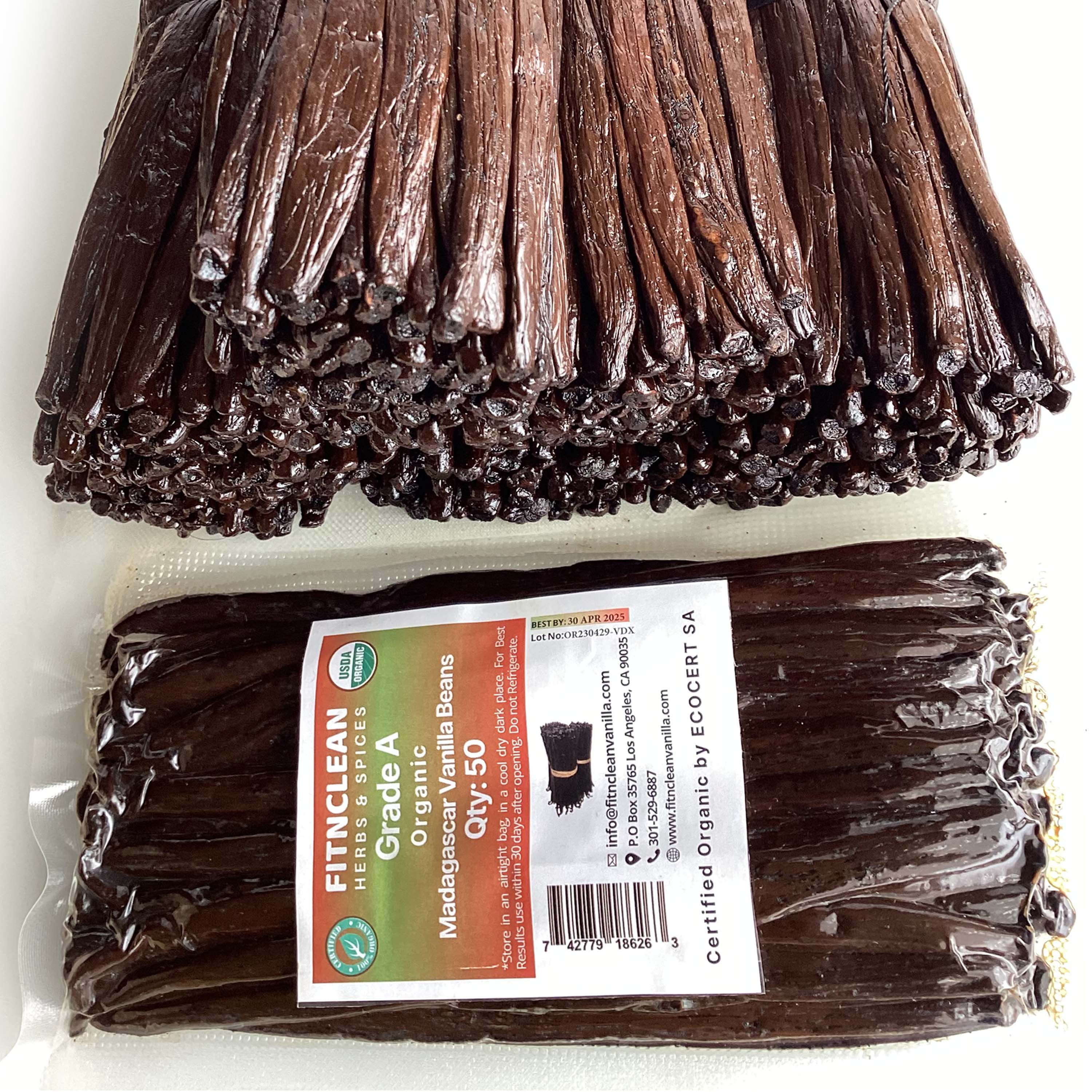50 USDA Certified Organic  Madagascar Vanilla Beans Grade A. Non-GMO ~5" Fresh for Baking and Homemade Extract by FITNCLEAN VANILLA