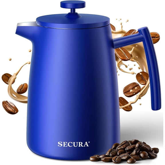 50-Ounce French Press Coffee Maker in Blue with Insulated 304 Stainless Steel Construction and Extra Filter
