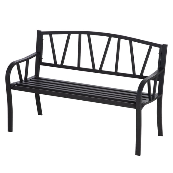 50" Outdoor Bench - Metal Garden Bench w/ V-Shaped Backrest - Patio Bench for Yard, Lawn, Porch - Black Slatted Seat - 2 Person