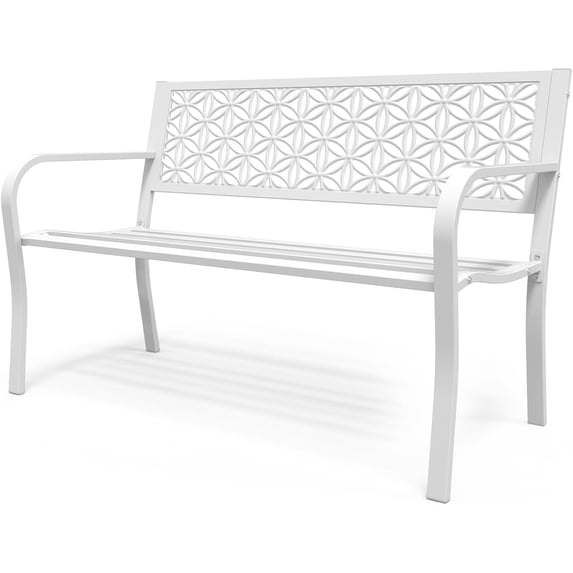 50" Outdoor Bench Metal with Floral Back, Garden Bench Front Porch Bench for Yard Patio Entryway Park Outside, 800lb Capacity - White