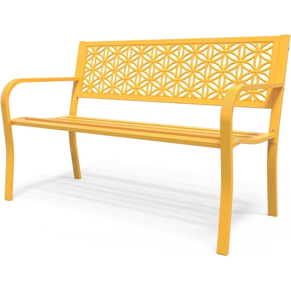 50" Outdoor Bench Metal with Floral Back, Garden Bench Front Porch Bench for Yard Patio Entryway Park Outside, 800lb Capacity - Yellow