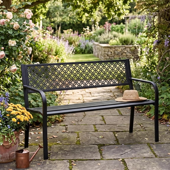 50" Outdoor Bench for 2 Person,Heavy Duty Metal Steel Patio Bench for Garden,Patio,Porch, Entryway w/Geometric Backrest,790lb Capacity