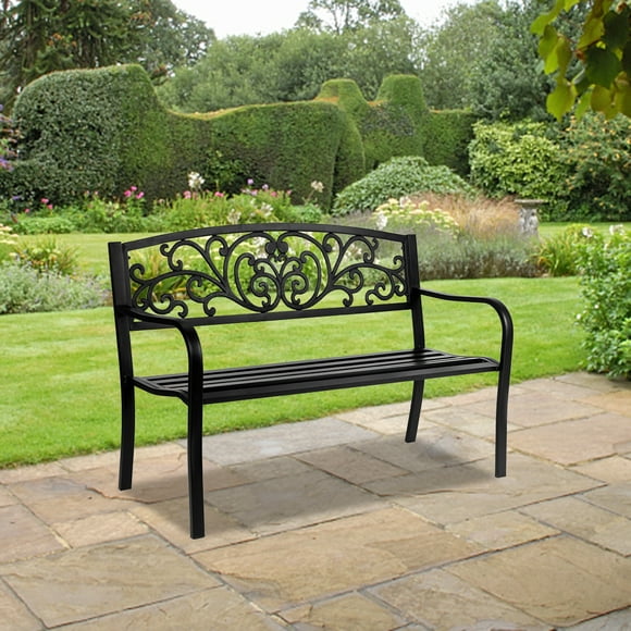 50" Outdoor Garden Bench, Cast Iron Metal Frame Patio Park Bench with PVC Butterfly Pattern Backrest,Arch Legs for Park Yard Front Porch Path Yard Lawn Decor Deck Furniture, Black