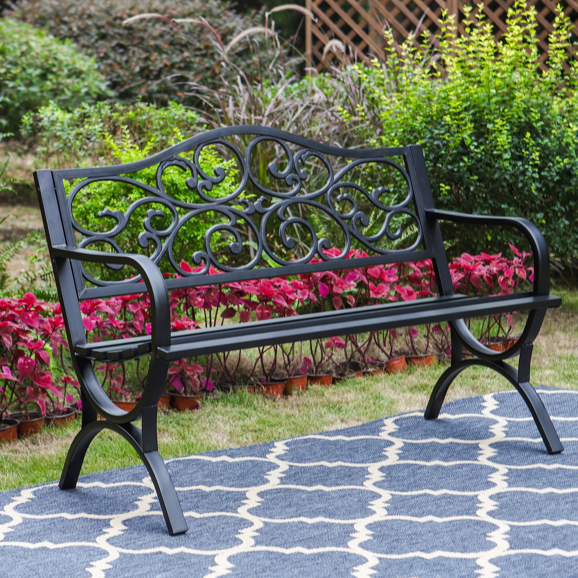 50" Outdoor Garden Bench Chairs, Cast Iron Metal Frame Patio Park Bench, Black
