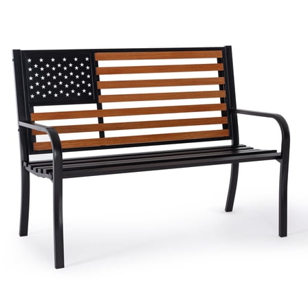 50" Outdoor Garden Bench with American Flag Style, Sturdy Cast Iron Frame, Perfect for Porch, Yard, Lawn, Deck, and Park