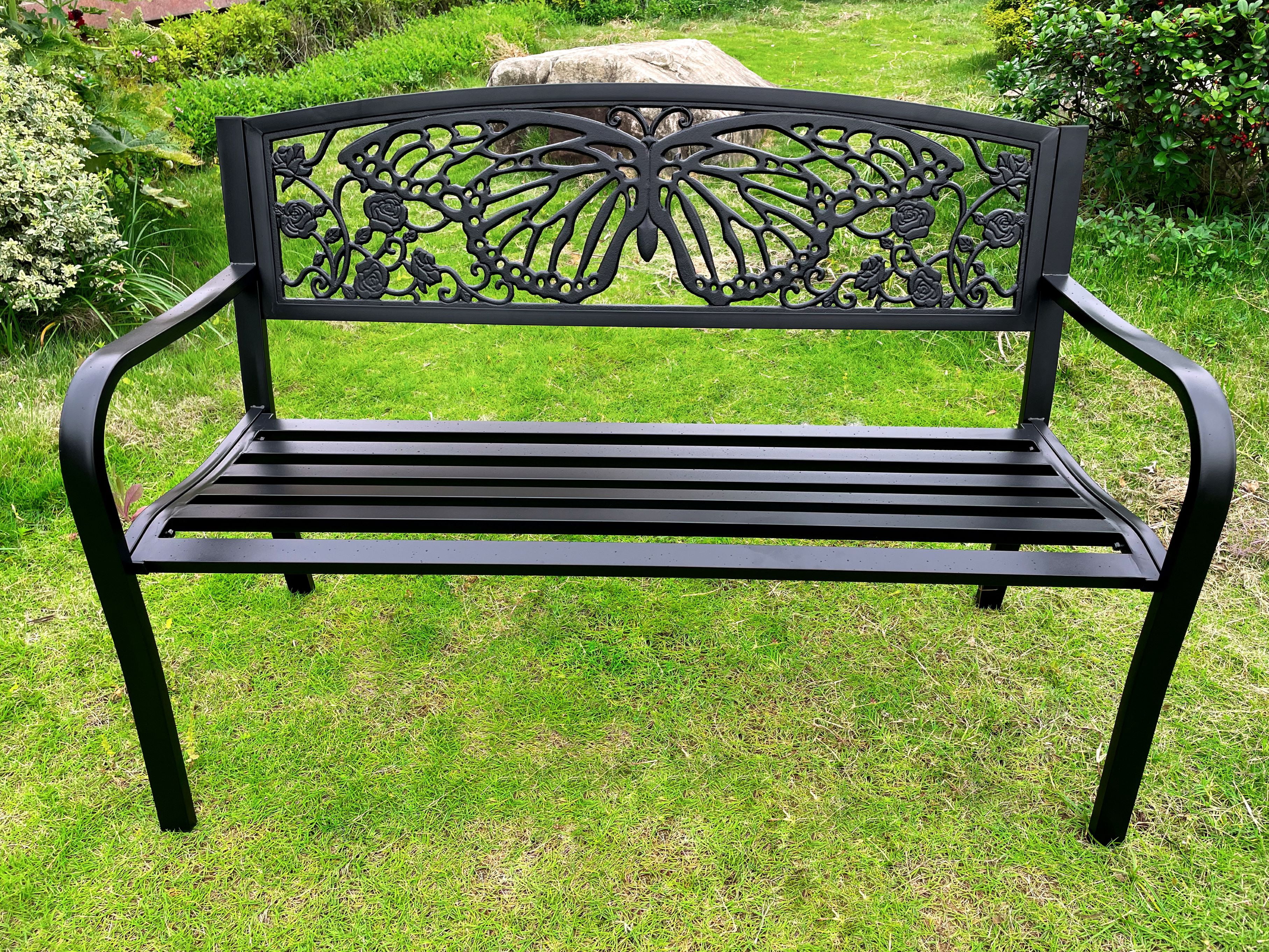 50" Outdoor Metal Garden Bench with Butterfly Backrest Design - Black