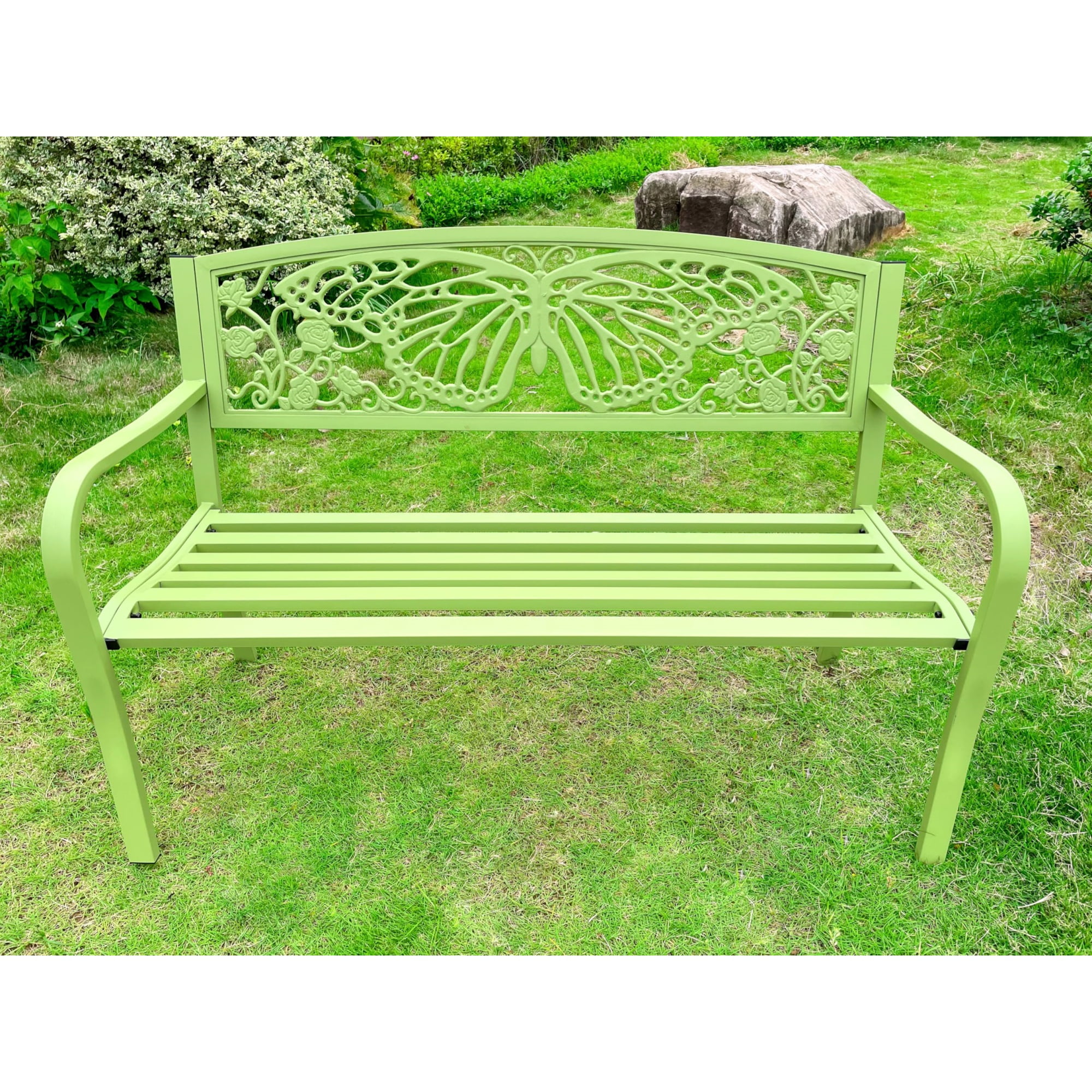 50" Green Metal Garden Bench with Butterfly Backrest Design