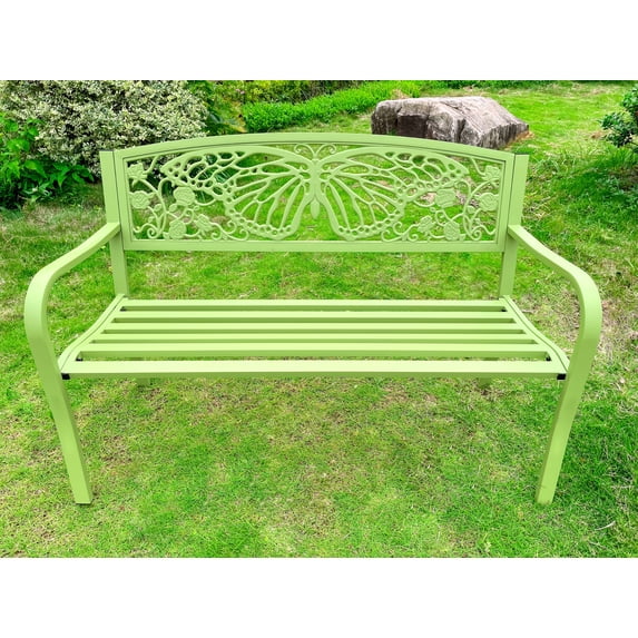 50" Outdoor Metal Garden Bench with Butterfly Backrest Design - Green
