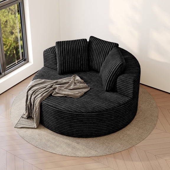 50" Oversized Lounge Chair Round Cloud Deep Seat Accent Chair Plush Corduroy Boneless Sofa Chair, Small Couch for Living Room Bedroom, No Assembly Required (Black Couch)