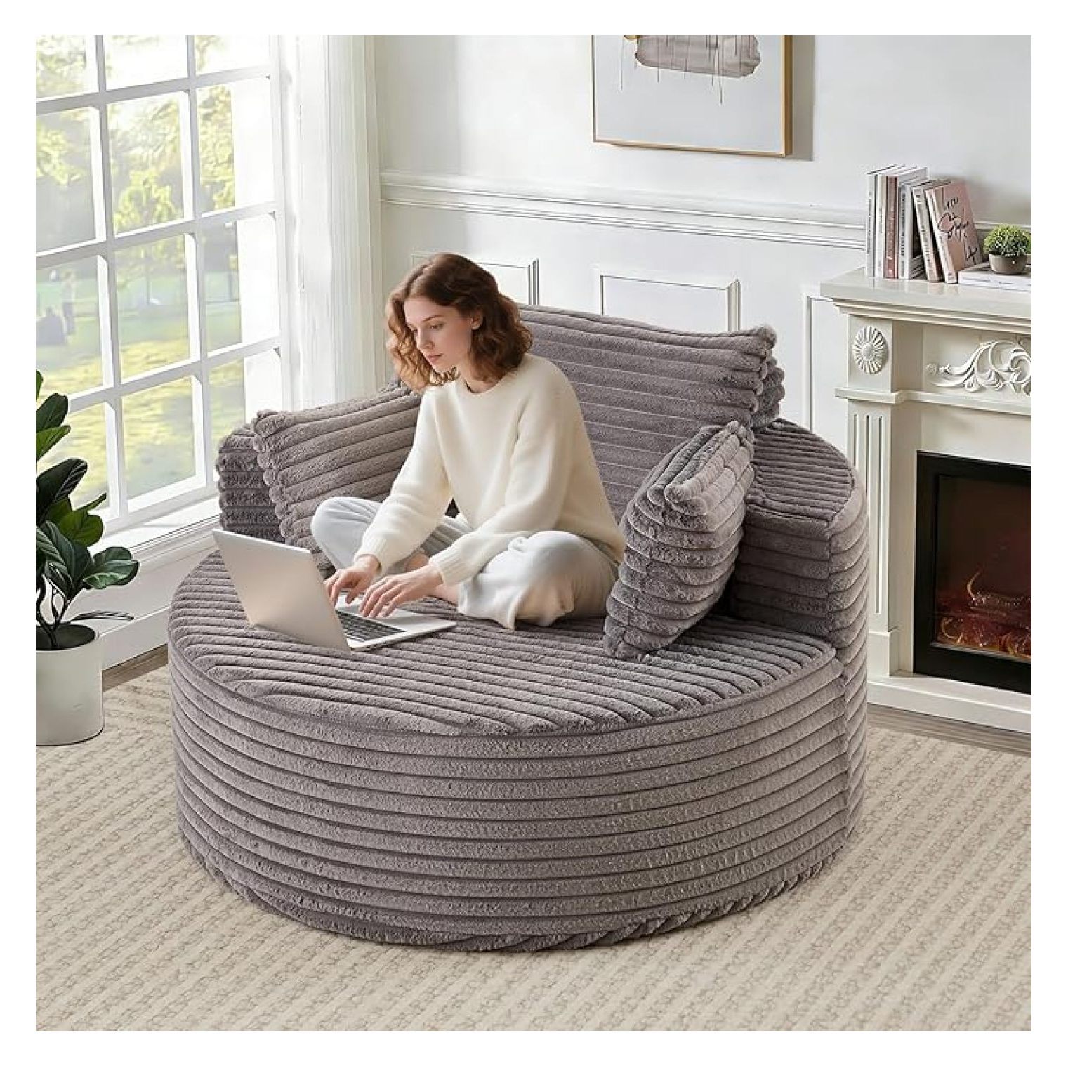 50'' Oversized Round Chaise Longue Chair, Upholstered Corduroy Single ...