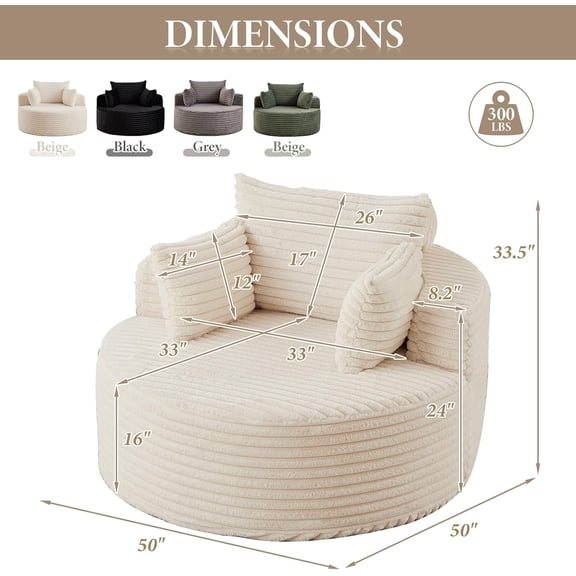 50'' Oversized Round Chaise Longue Chair, Upholstered Corduroy Single Cloud Circle Sofa Chair Deep Boneless Couch Bed No Assembly Required for Living Room, Bedroom Apartment, Beige