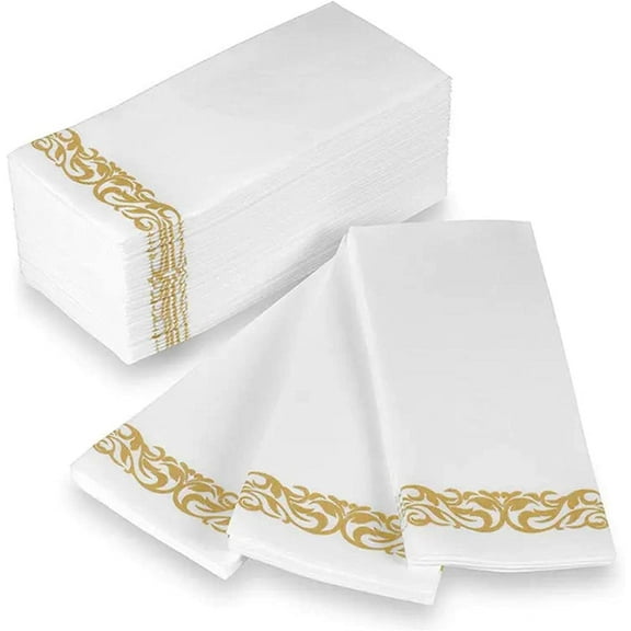 (50 PACK) Cloth Like Dinner Napkins with Gold Border Design Disposable - Single Use Linen Feel Guest Towels, Absorbent, Soft, Elegant, Bathroom Hand Towels, Party, Wedding, Napkins, Tablesetting