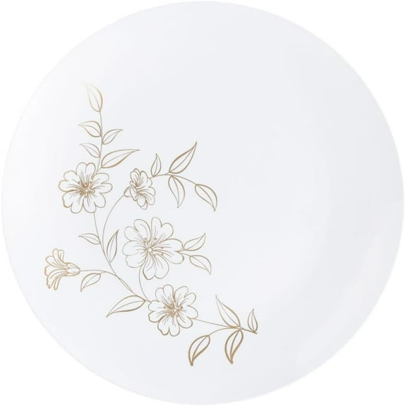 (50 PACK) EcoQuality 10" inch Round White Plastic Plates with Gold Primrose Design - Disposable China Like Party Plates, Heavy Duty Dinner Plates, Charger Plate, Dinners, Wedding, Serveware